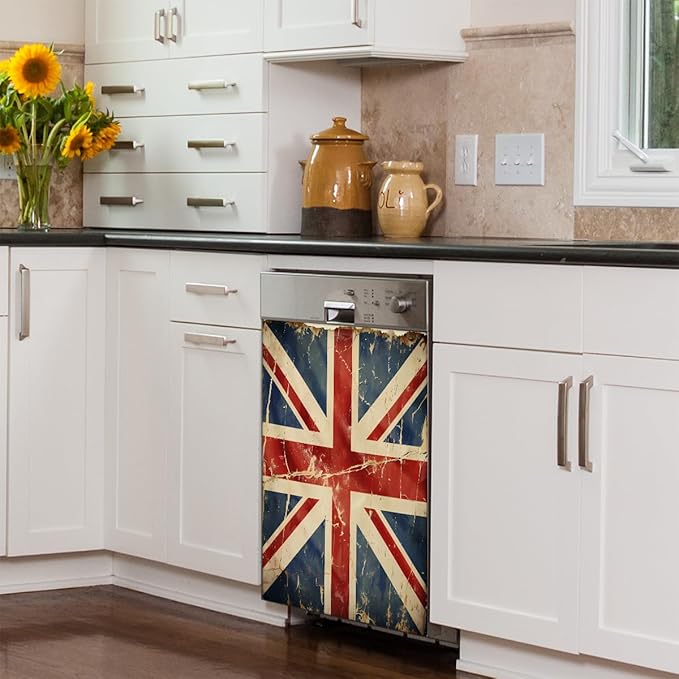 Dishwasher Magnet Cover Retro UK British England Flag Reusable Dishwasher Magnetic Cover Sticker Decorative Dish Washer Door Cover Panel for Home Kitcen Appliance