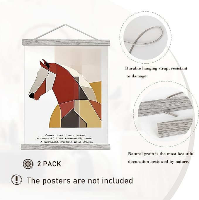 2 Pack Magnetic Poster Hanger Frame, 14x17 14x20 14x22 Light Wood Wooden Magnet Canvas Artwork Print Dowel Poster Hangers for Frames Hanging Kit (Grey, 14", 2 Packs)