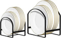 LINFIDITE 2 Pack Kitchen Plate Holder Organizer for Cabinet Space Saver Dinner Plate Storage Rack Upright Dish Drying Racks Metal Dish Stand for Cupboard Countertop Rustproof Black (1 Large 1 Small)