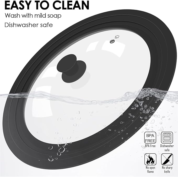 Universal Lid for Pots, Pans and Skillets, Tempered Glass Lid fit 9.5", 10", 11" Skillets, Pots, Frying Pans, Cast Iron, Crock Pot and Other Glass Covers Replacement