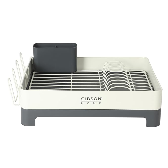 Gibson Home Nestcraft Full Size Rust Resistant Dish Rack with Drain Board and Flatware Caddy - White