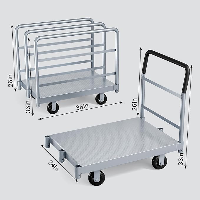 Steel Panel Cart, Lumber cart with Flexible＆Quiet Wheels, Heavy Duty Drywallcart with 1Front and 3Side Handrails, 2500 LBS Industrial Grade Weight Capacity