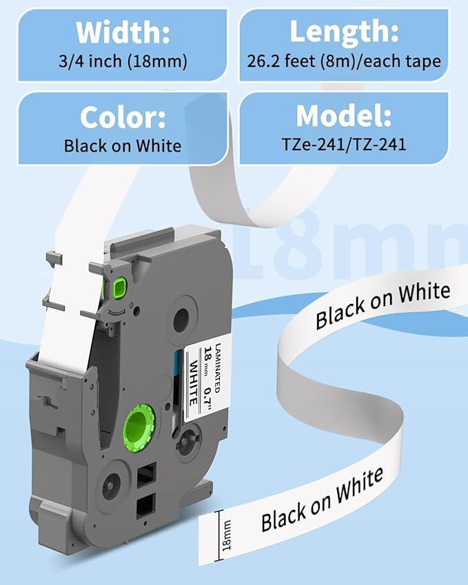 TZe-241 TZe241 Replacement for Brother P Touch Label Tape TZe TZ Tape 18mm 0.7 Inch Laminated White Label Maker Tape, Compatible with Brother PT-D400 PT-D410 PT-D600 PT-D610BT, 3/4 Inch, 4-Pack