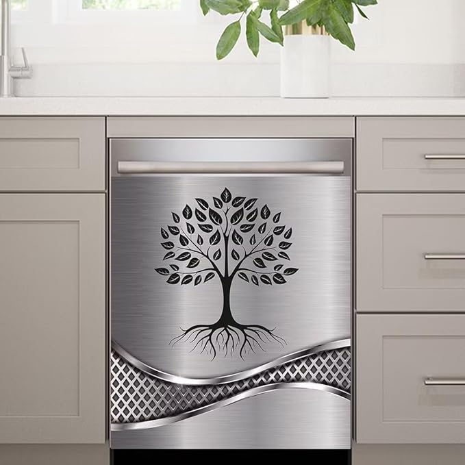 Stainless Steel Design Tree Pattern Magnetic Dishwasher Cover Sticker,Kitchen Decor Magnet Cabinet Fridge Panel Decal Sticker 23W x 17H inchs