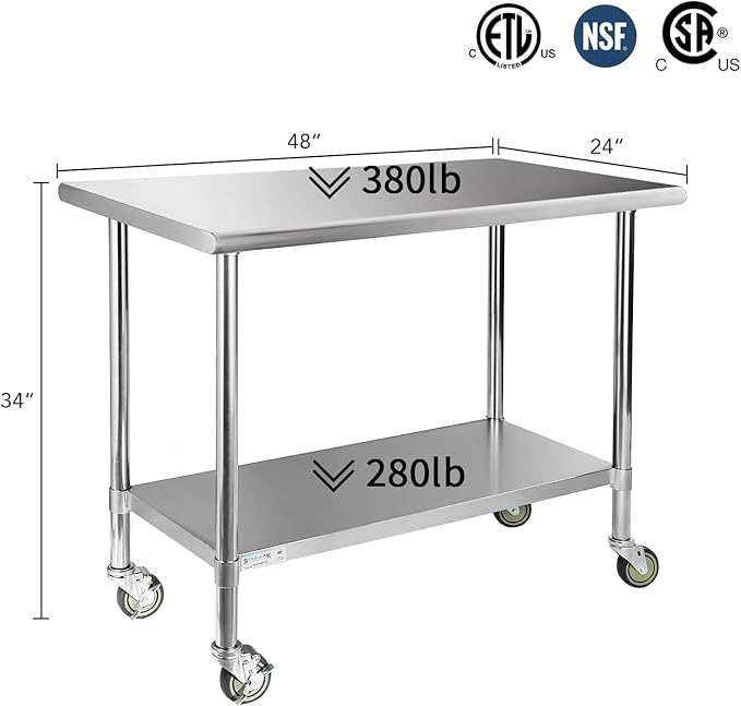STABLEINK Stainless Steel Table with Wheels 24 x 48 Inches 4ft, NSF Commercial Prep & Workbench with Adjustable Undershelf, for Commercial Kitchen, Restaurant, Laundry, Hotel and Garage