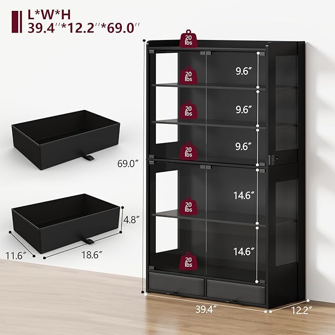 Glass Display Cabinet 69''H with LED Lights, 5-Tier Showcase with Drawers, Collectible Figure Display Case, Freestanding Curio Cabinet, Tall Storage Shelves, Black, 39.4''W
