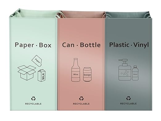 Separate Recycling Bin for Kitchen Home - Indoor Recycle Bins (Pink, Green, Gray) Waste Trash Sorting Bins, Reusable Waterproof Affordable Recycle Bags, Pack of 3 Bags
