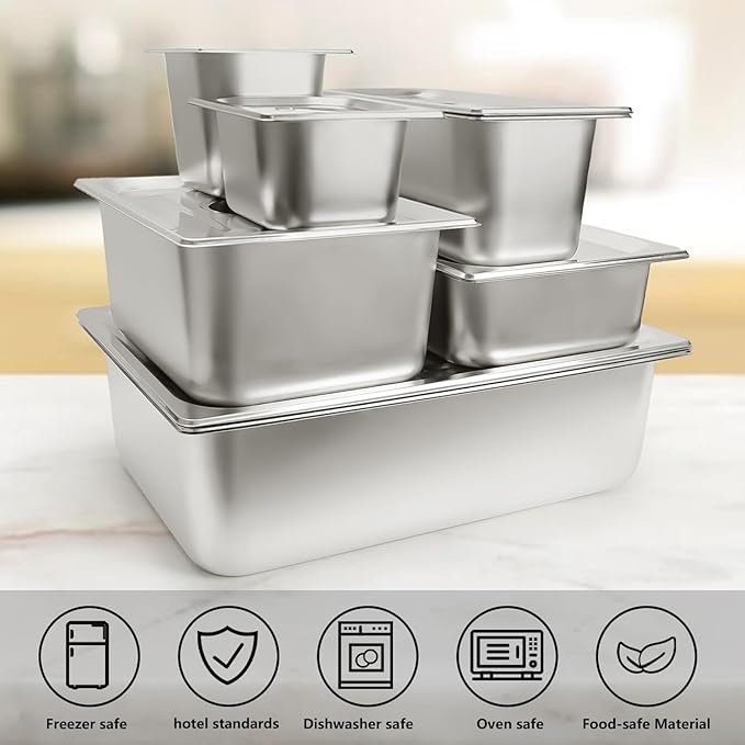 6 Set Stainless Steel Hotel Pans 1/3 Size 6 Inch Deep With Lids, Anti-Jam Chafing Steam Table Pans, Catering Food Storage Metal Pan