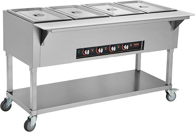 VEVOR Commercial Food Warmer, 2000W Electric Steam Table with 4 x 20.6QT Pans, Versatile Food-Grade Stainless Steel Server with Countertop & Shelf, Movable Buffet Catering Warmer for Party Restaurant
