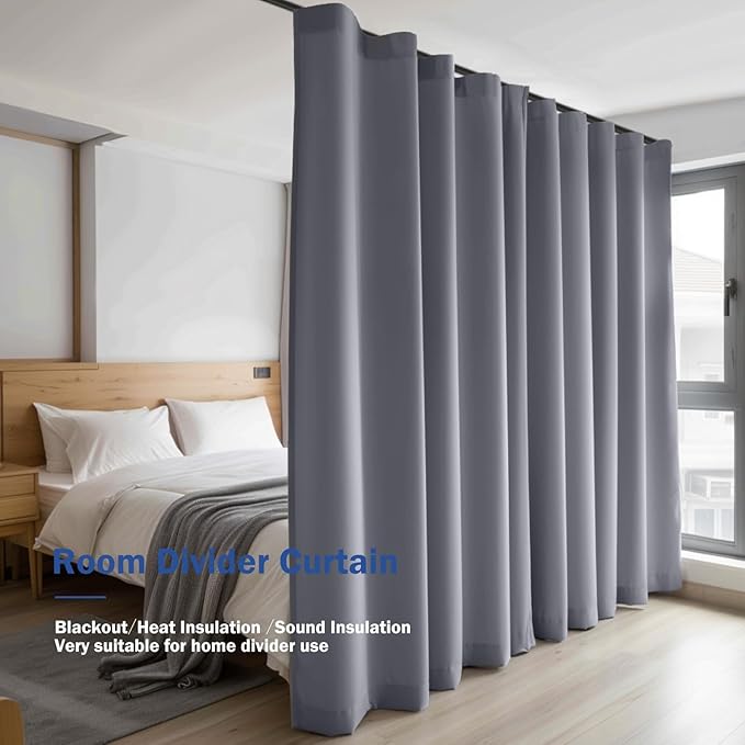 Room Divider Blackout Curtain Track Curtains Wall Dividers Panels Screen for Living Rooms Bedroom Office Privacy Partition Separation, W150 × L120 Inch,1 Panel, Light Grey