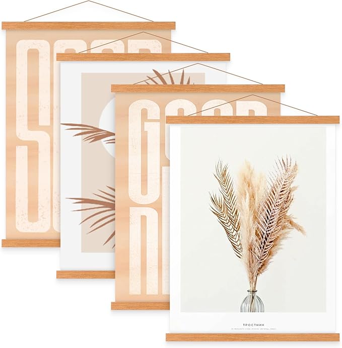4 Pack 17x22 17x11 17x24 Poster Frame, Magnetic Light Wood Frame Hanger for Photo Picutre Canvas Artwork Art Print Wall Hanging (4 Packs, 17", Teak Color)