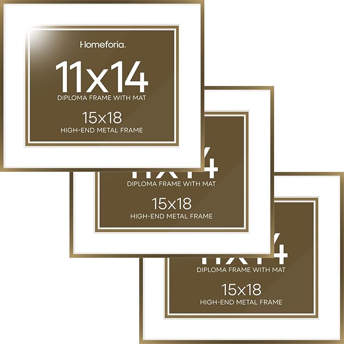 Homeforia 15x18 Diploma Frame Bronze, High End Metal 15 x 18 Certificate Frames with Mat for 11 by 14, 18x15 Document Frame Matted to 11x14, Award Graduation Frames, Tempered Glass, Wall Kit, Set of 3