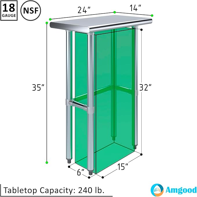 AmGood Stainless Steel Work Table Open Base | NSF | Laundry Garage Utility Bench (24" Long X 14" Deep)