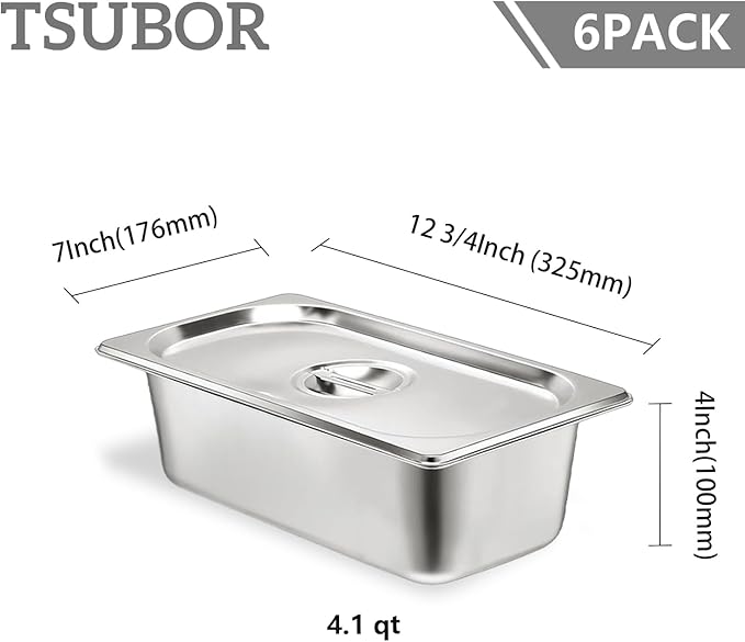 6 Set Stainless Steel Hotel Pans 1/3 Size 4 Inch Deep With Lids, Anti-Jam Chafing Steam Table Pans, Catering Food Storage Metal Pan