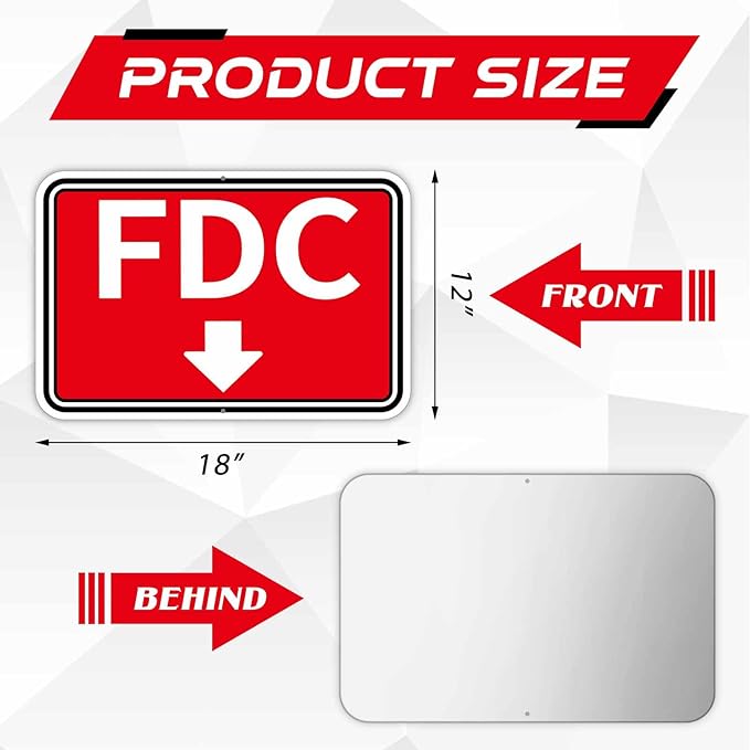 Tandefio 4 Pcs FDC Sign with Down Arrow 12 x 18 Inches Fire Department Connection Sign for Indoor Outdoor Reflective Aluminum UV Protected Weatherproof, Red White and Black