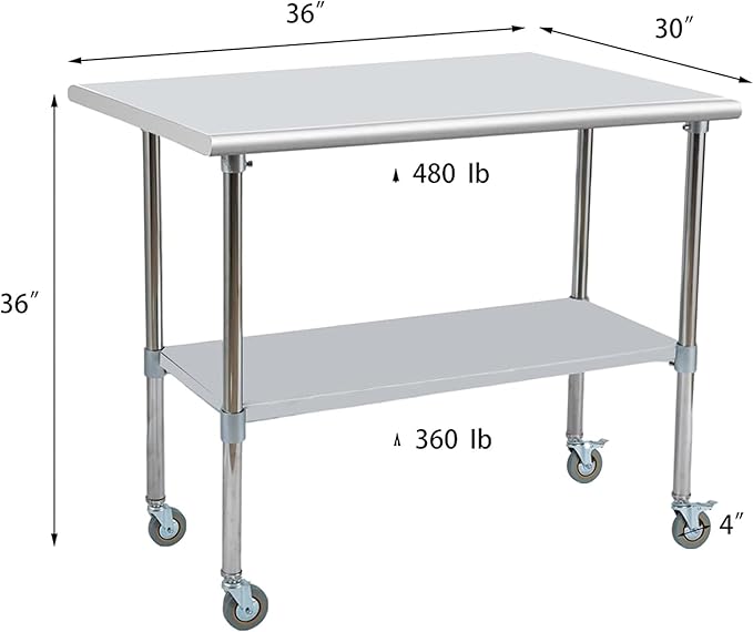 Stainless Steel Work Table 36“L x30 D, NSF Commercial Food Prep Worktable with Adjustable Undershelf and Casters for Restaurant, Home and Outdoors (36“L x30 D)