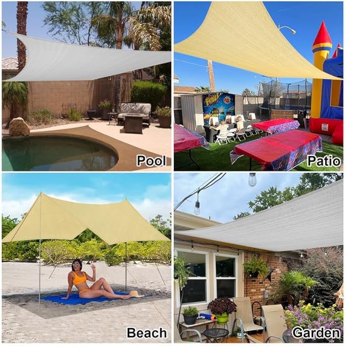 Amagenix Sun Shade Sail 12'X16' Curved Edge Outdoor Shade Canopy Beige Breathable 95% UV Block Shade Cloth for Patio Garden Backyard (We Make Custom Size)