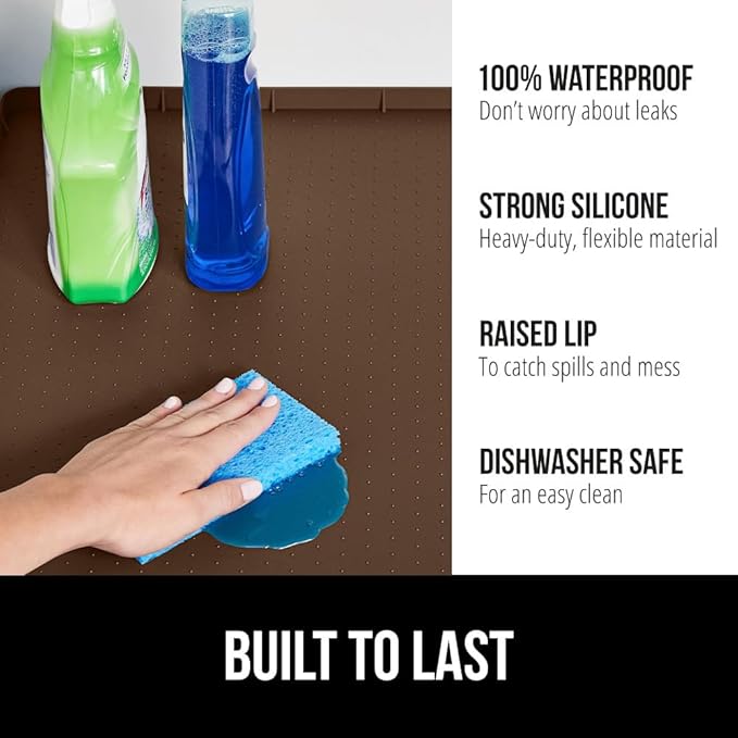 GORILLA GRIP Waterproof Silicone Under Sink Mat with Raised Lip for Kitchen and Bathroom, 31 x 22 in, Cabinet Shelf Liner Stay in Place Mats Dishwasher Safe Drawer Liner, Organizer Tray, Coffee