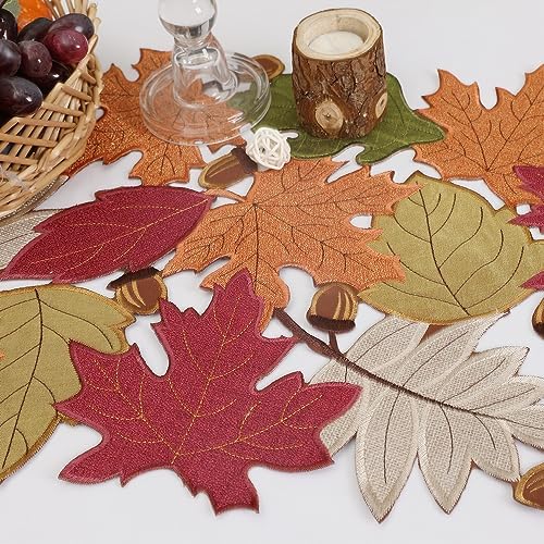 OWENIE Fall Table Runner, Short Thanksgiving Table Runner for Coffee Table Autumn Season Home Decorations, Embroidered Cutwork Farmhouse Harvest Maple Leves Runner, 13 Inch x 36 Inch