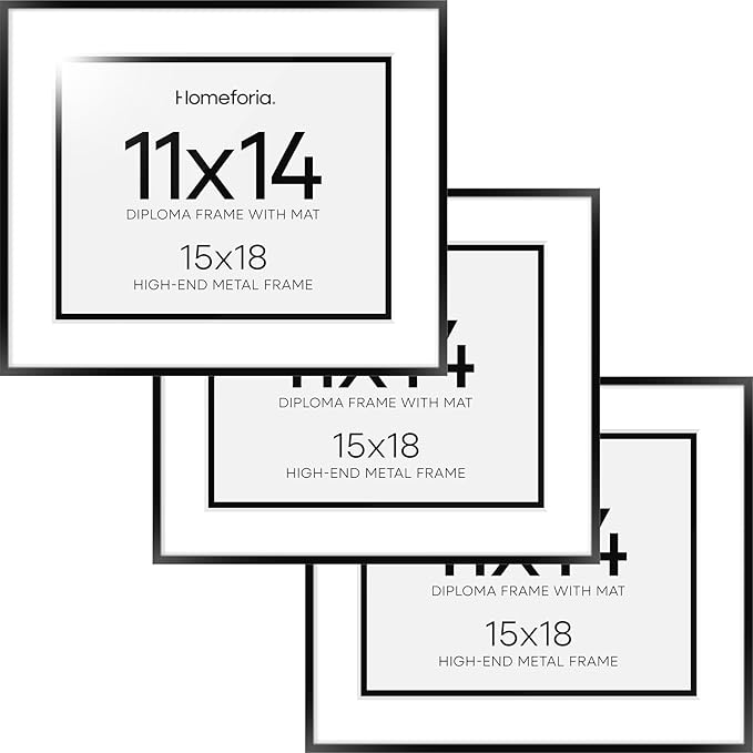 Homeforia 15x18 Diploma Frame Black, High End Metal 15 x 18 Black Certificate Frame with Mat 11 x 14, 18x15 Document Frame Matted to 11x14, Graduation Degree Frames, Tempered Glass, Wall Kit, Set of 3