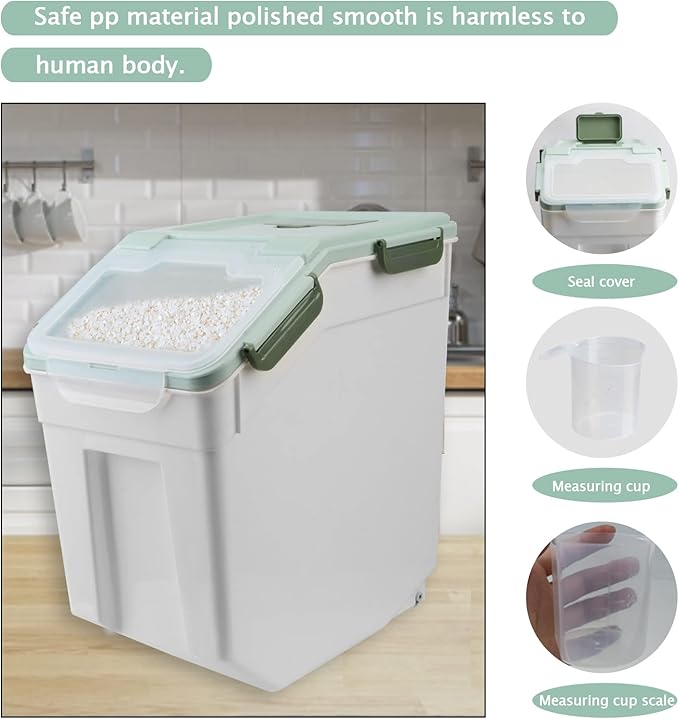 Large Flour Storage Container Bin 25lb, 2Pack Airtight Rice Storage Containers with Wheels Seal Locking Lid, BPA Free with Measuring Cup&Scoop for Flour, Rice, Grain(Green)
