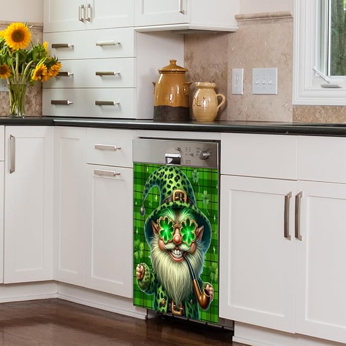St Patrick Green Funny Gnome Dishwasher Magnet Cover Magnetic Dishwasher Decorative Cover Front Dishwasher Door Covers Reuseable Dishwasher Covers Decal for Kitchen Home Decorative