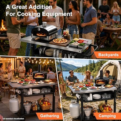 Outdoor Grill Cart for Blackstone/Ooni/Ninja, 43.3"x20" Stainless Steel Outdoor Grill Table with Propane Tank Mount & Wheels, Movable Outdoor Cooking Table with Storage for Pizza Oven, Patio, Camping