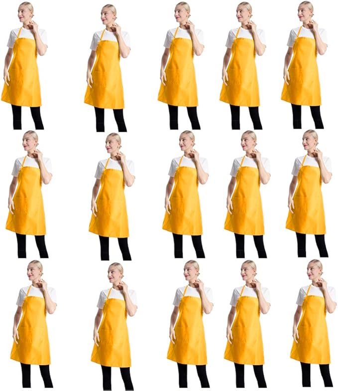 Total 15 PCS Plain Yellow Color Bib Aprons Bulk for Women Men Adult -Unisex Aprons with 2 Front Pockets (Yellow-15PCS)