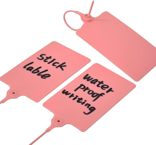 100 Plastic Tags: Big Waterproof Writable Label Ties with One Marker Pen (Pink)