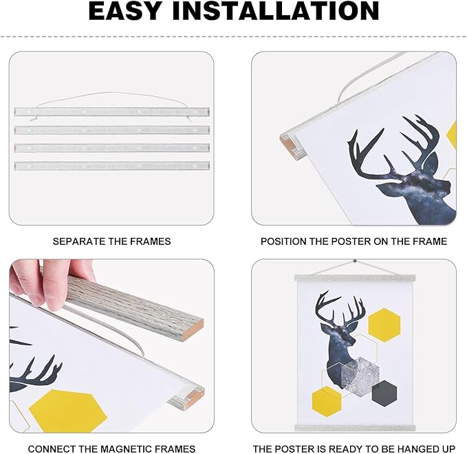 Magnetic Poster Hanger, 24x36 24x18 24x32 Poster Frame Wood Wooden Magnet Print Posters Dowel Scroll Hanger Hangers Hanging Kit for Walls Map Canvas Artwork (Grey, 24")