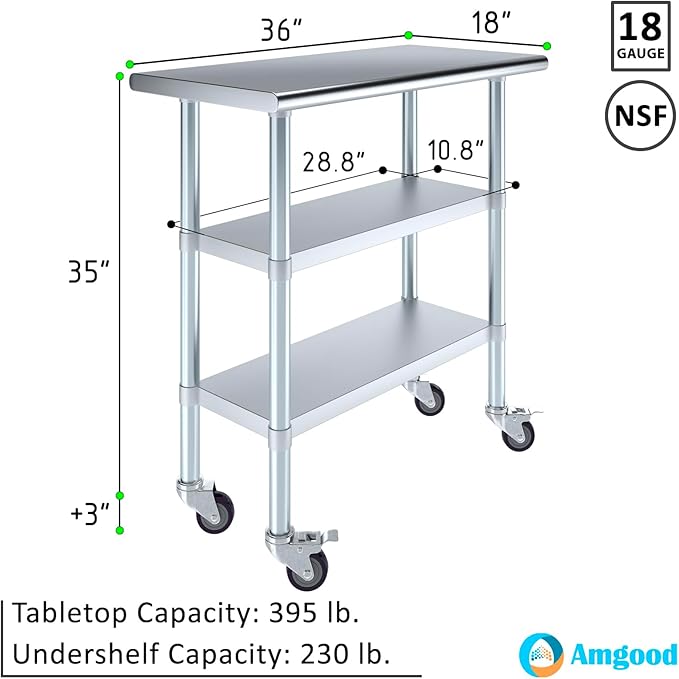 AmGood Stainless Steel Work Table with 2 Shelves and Casters | Metal Utility Table On Wheels (Stainless Steel Work Table with 2 Shelves + Casters, 36" Long x 18" Deep)