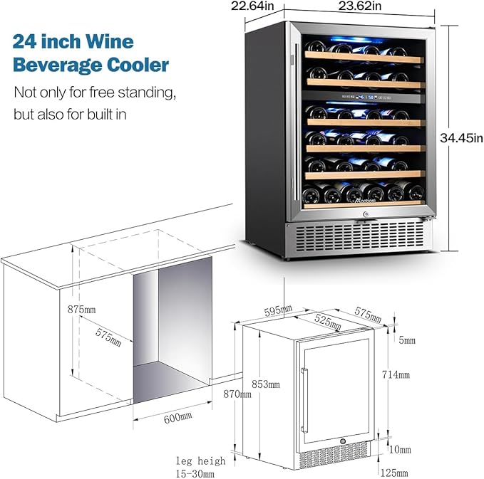 AAOBOSI Wine Fridge - 24-inch Dual Zone Wine Cooler Holds 51 Bottles, 41-64.4°F Wine Cooler Fridge with Digital Touch Screen, Built-in or Freestanding Fridge，for Home，Restaurant, Bar