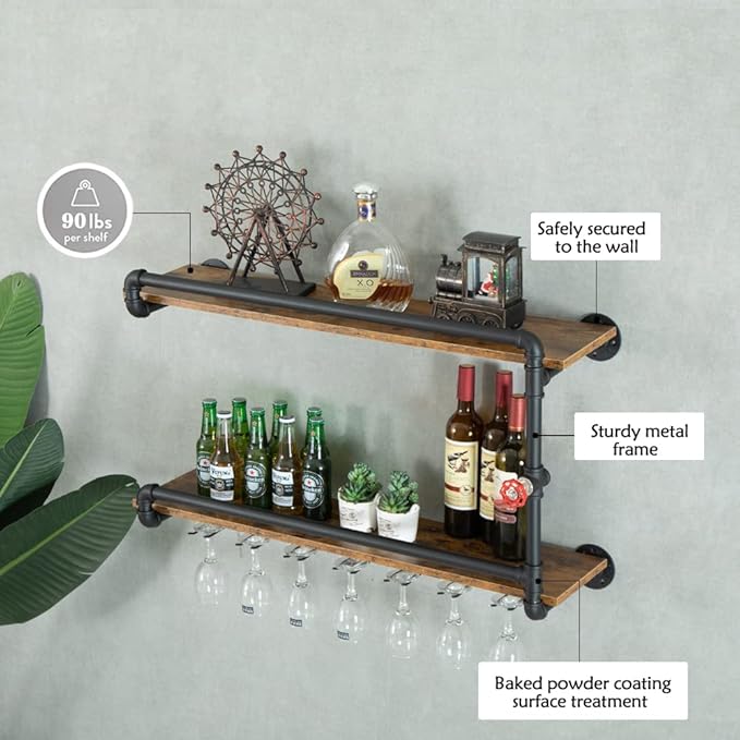 Wine Rack Wall Mounted 2 Tier, Hanging Floating Bar Liquor Shelves with Glass Holder Storage Under, Industrial Rustic Pipe Farmhouse Kitchen Decor Black(35.4x10.6x19.7)