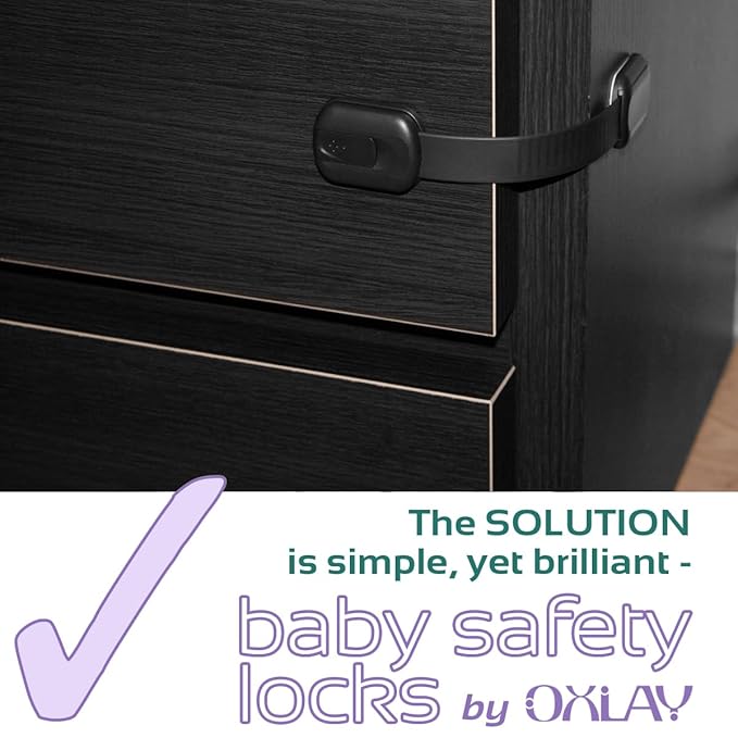 Baby Proofing Safety Cabinet Locks - Child Proof Latches for Drawer Cupboard Dresser Doors Closet Oven Refrigerator - Adjustable Childproof Straps by Oxlay - Black - 6 Pack