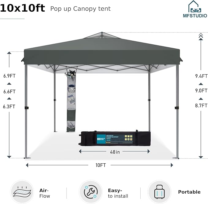 MFSTUDIO 10x10 Pop up Canopy Tent, Gazebo Shelter Sun Shade Canopies One Push Setup Portable Popup Easy Set up Tents with Vented Top,Storage,4 Sandbags,for Beach,Parties,Camping