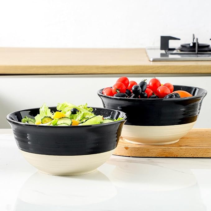 HASENSE Ceramic Serving Bowls Set of 2, 9 Inch Large Salad Bowls for Kitchen, 84 Ounce Mixing Bowl Set for Cooking, Baking, Side Dishes, Soup, Popcorn, Dishwasher and Microwave Safe, Black