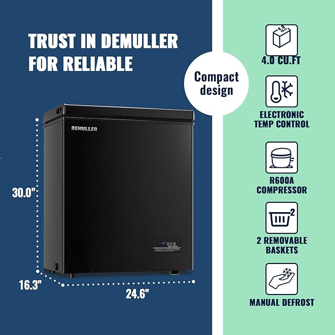 4.0 Cu.ft Compact Chest Freezer Ultra-low Temperature Deep Freezers (Down to -12 ℉) with TWO Removable Baskets Freestanding Black Small Mini Freezer for Home Kitchen Office