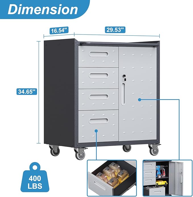 Metal Storage Cabinet with Drawers Heavy Duty Steel Rolling Tool Cabinets on Wheels Garage Storage Cabinet Mobile Locking Tool Carts for Kitchen Basement Garage Warehouse, Assembly Required