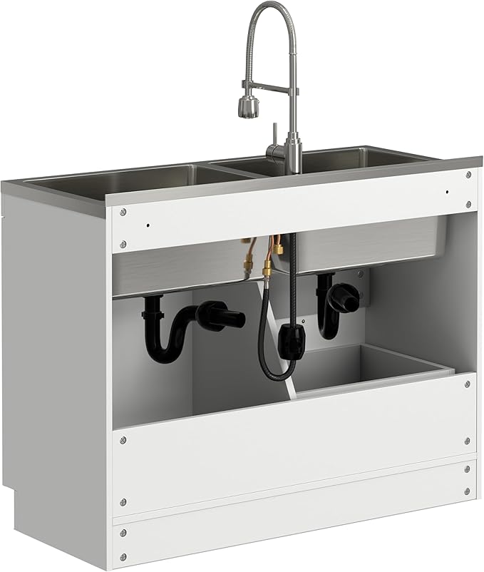 SIMPLIHOME Hennessy All-in-One 46 inch Wide Utility Sink and Laundry Cabinet in Pure White Finish, Transitional Stainless Steel Dual Sink Cabinet for Laundry Rooms with High-Arch Chrome Faucet