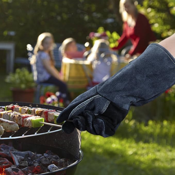 OZERO 932℉ Grill BBQ Gloves 16-inch Heat Resistant Leather Forge Welding Glove with Flame Retardant Long Sleeve and Insulated Lining for Men and Women Black-gray