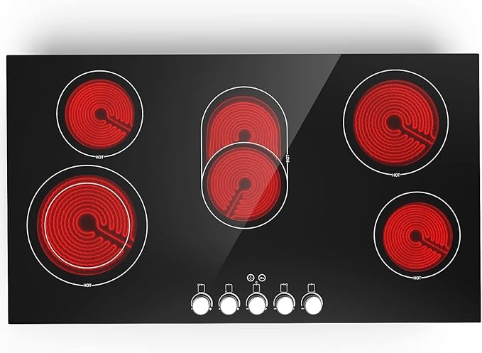 VBGK Electric cooktop 36 inch,240V 8600W 36 inch Induction Cooktop,Built-in and Countertop Electric Stove Top,Knob Control 9 Heating Level Timer & Kid Safety Lock