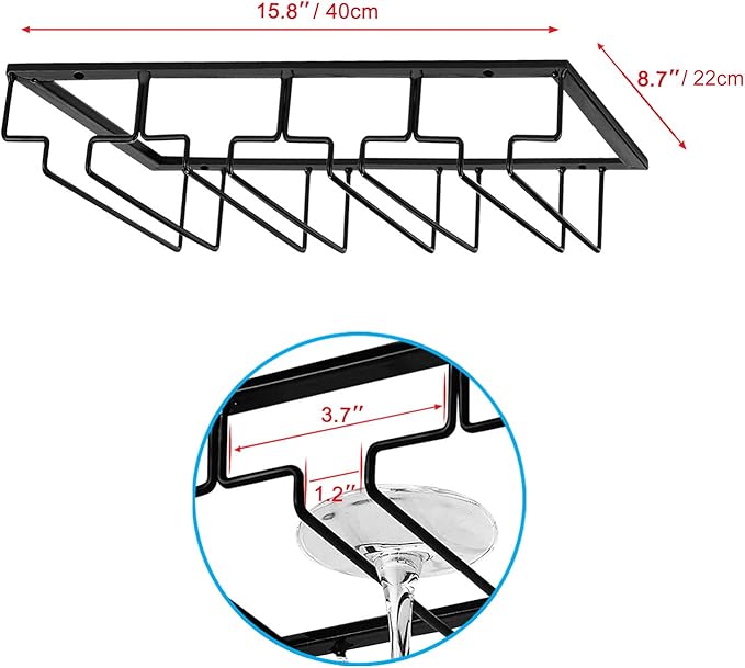 MOCOUM Wine Glasses Rack Under Cabinet Stemware Rack, Wine Glass Hanger Rack Wire Wine Glass Holder Storage Hanger for Cabinet Kitchen Bar (Black, 4 Rows 2 Pack)