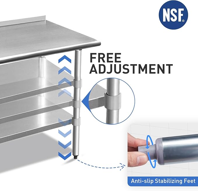ROCKPOINT Stainless Steel Table for Prep & Work with Backsplash 30x60 Inches, NSF Metal Commercial Kitchen Heavy Duty Table with Adjustable Under Shelf and Table Foot for Restaurant, Home and Hotel