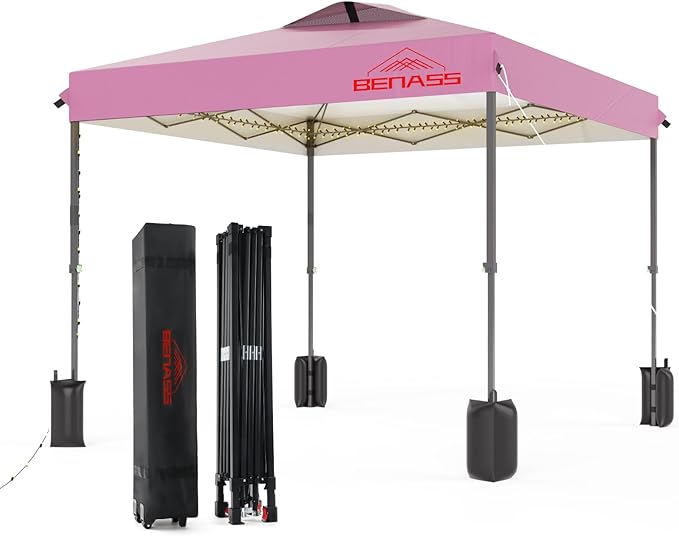 8x8 Pop Up Canopy, Easy Up Canopy Tent, Heavy Duty Tents for Parties, One Person Set Up Event Tent, Pink