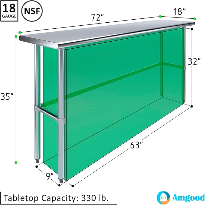 AmGood Stainless Steel Work Table Open Base | NSF Kitchen Island Food Prep | Laundry Garage Utility Bench (72" Long X 18" Deep)