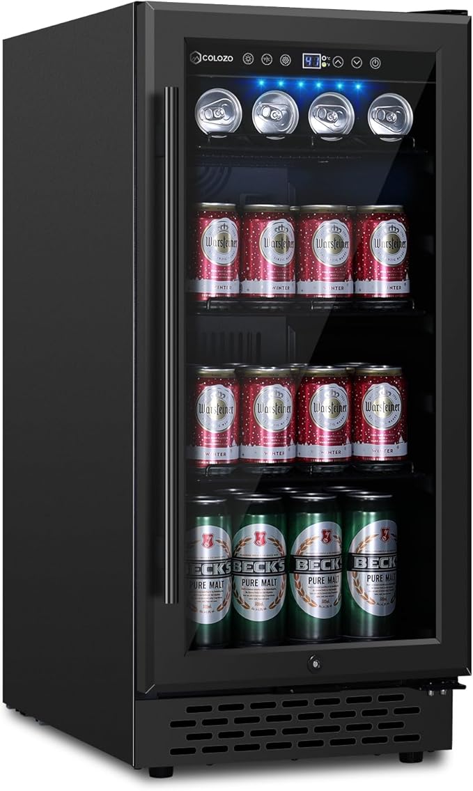 15 Inch Black Beverage Refrigerator Under Counter, 130 Cans Built-in/Freestanding Beverage Cooler, Mini Bar Fridge with Double Tempered Glass Door&Lock, Beverage Fridge for Drink Beer Soda Wine