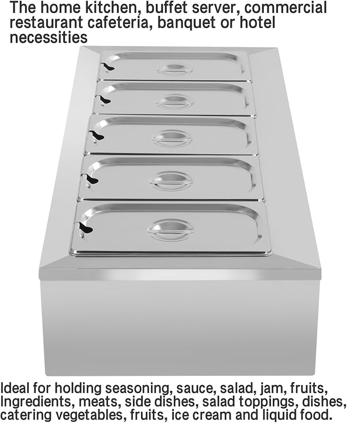 Pizza Topping Station with 5 Pans & Lids, Stainless Steel Condiment Prep Station Food Container Pans, (Country Rustic)