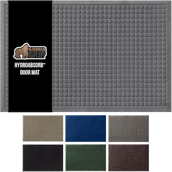 GORILLA GRIP Front Door Mat, Indoor Outdoor Ultra Absorbent HydroAbsorb Doormat, Absorbs Up to 1.7 Cups of Water, Stain and Fade Resistant, Rubber Backing Doormats, Captures Dirt, 29x17 Grey
