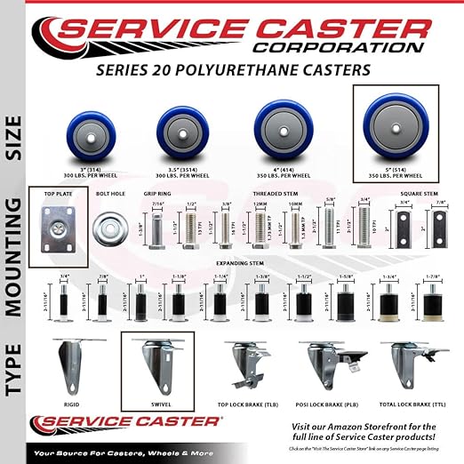 Service Caster Brand Replacement Caster for Uline Caster H-7449S - Stainless Steel Swivel Top Plate Caster with 5 Inch Blue Polyurethane Wheel - Fits Carts and Platform Trucks H-6348