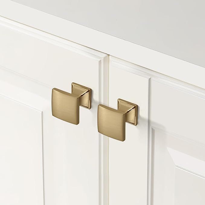 Khtumeware 10 Pack 1 inch Champagne Bronze Cabinet Knobs Zinc Satin Brass Square Drawer Pulls for Dresser Drawers